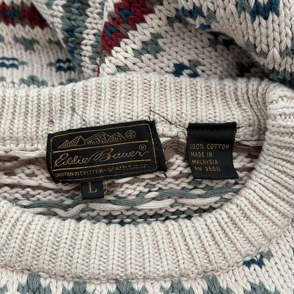 Vtg Eddie Bauer Chunky Knit Sweater Men Large Fair Isle Nordic Grandpa 90s Cosby - Picture 7 of 8